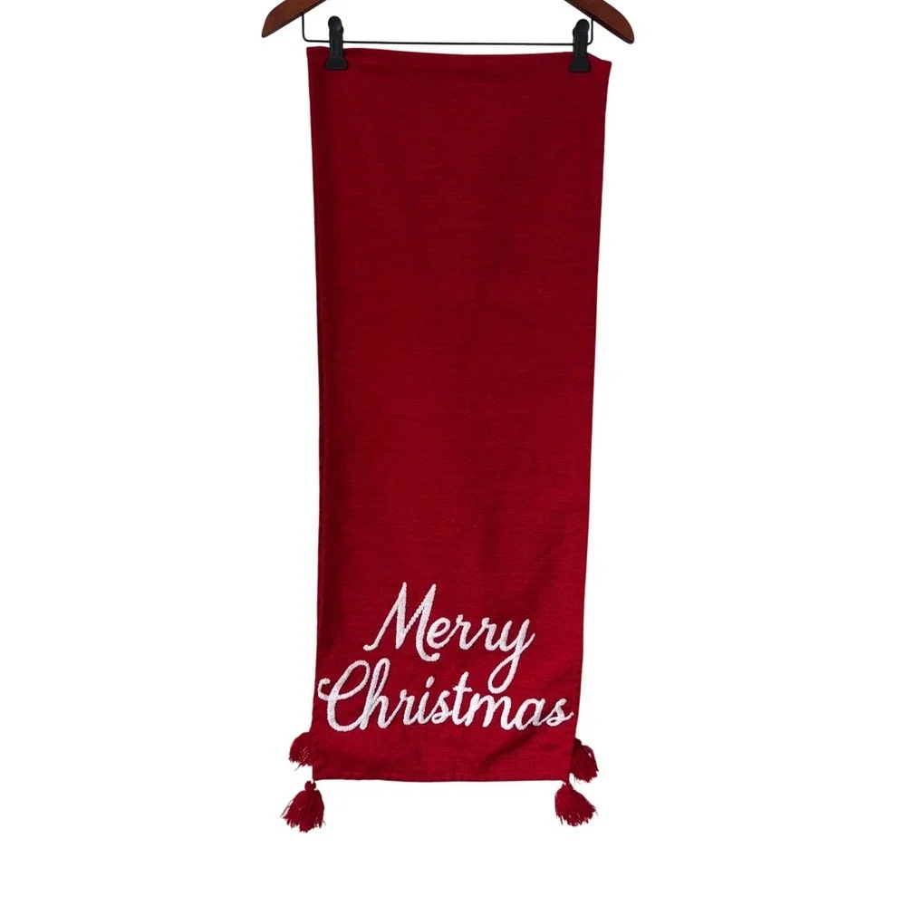 At Home Red Merry Christmas Table Runner Embroidered Tassels Holiday Decor 72in